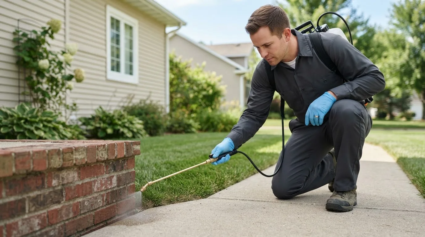 Pest control technician treating a home near East Millinocket, ME
