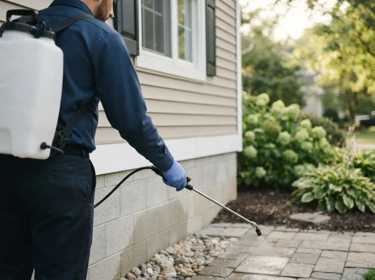 Pest control technician inspecting a home in East Millinocket, ME